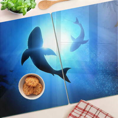 Schneidebrett Glas mit Motiv „Haie im Unterwasserlicht“