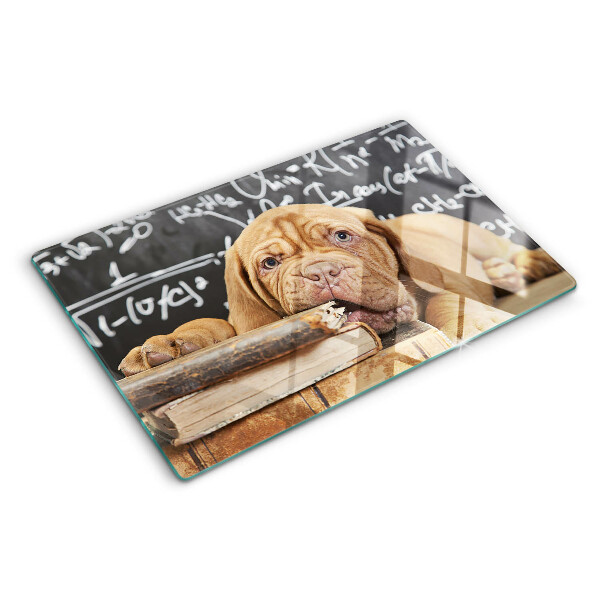 Glas Schneidebrett mit Motiv eines Hundes neben Büchern und einer Tafel