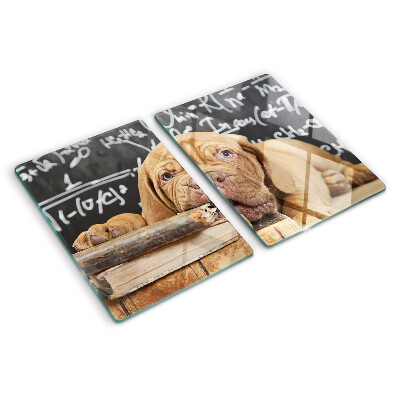 Glas Schneidebrett mit Motiv eines Hundes neben Büchern und einer Tafel