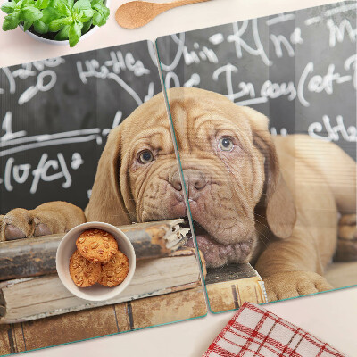Glas schneidebrett Hund mit Büchern und einer Tafel
