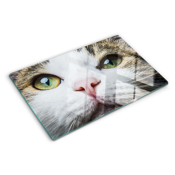 Glas-Schneidebrett mit Motiv einer Katze mit grünen Augen
