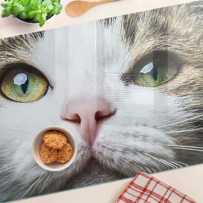 Glas-Schneidebrett mit Motiv einer Katze mit grünen Augen