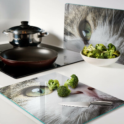 Glas-Schneidebrett mit Motiv einer Katze mit grünen Augen