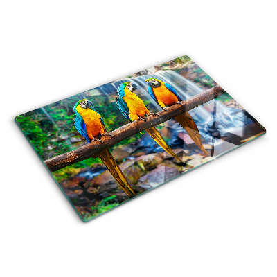 Schneidebrett Glas mit Motiv Papageien auf einem Ast in einem tropischen Wald