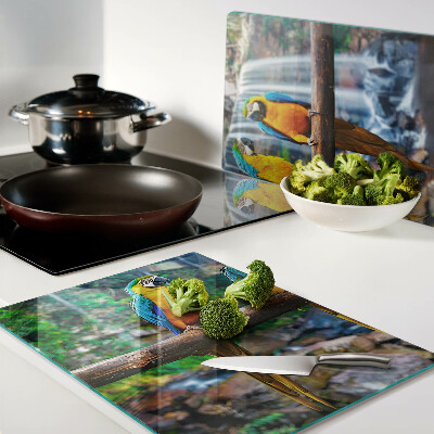 Schneidebrett Glas mit Motiv Papageien auf einem Ast in einem tropischen Wald