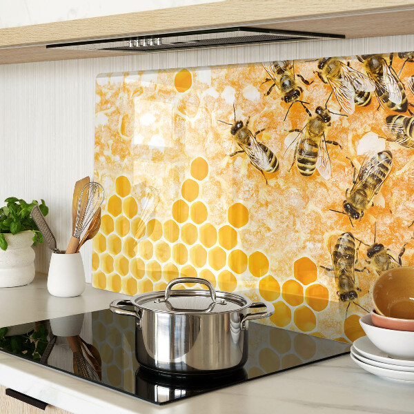 Glas-Schneidebrett mit Motiv aus Bienenstöcken und Bienen