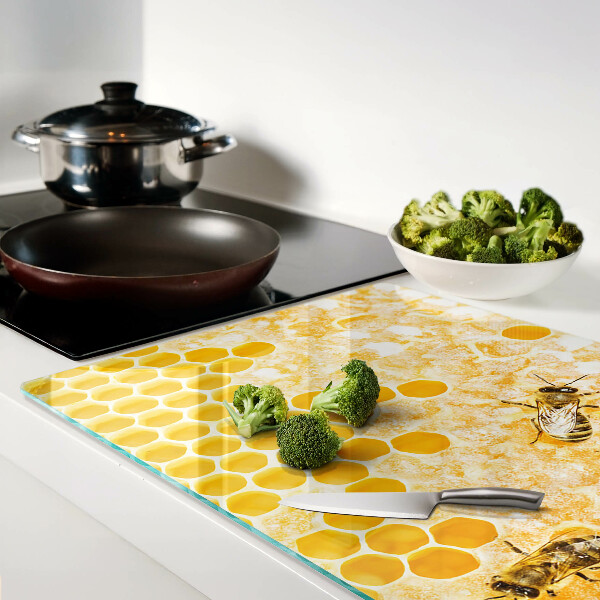 Glas-Schneidebrett mit Motiv aus Bienenstöcken und Bienen