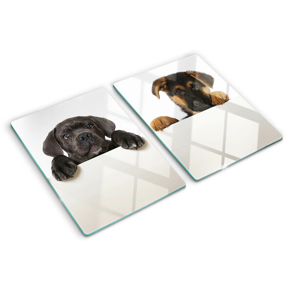 Schneidebrett mit Motiv zweier Hunde, die sich umschauen