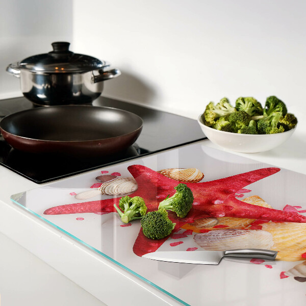 Schneidebrett Glas mit Muschel- und Seesternmotiv