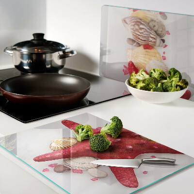 Schneidebrett Glas mit Muschel- und Seesternmotiv