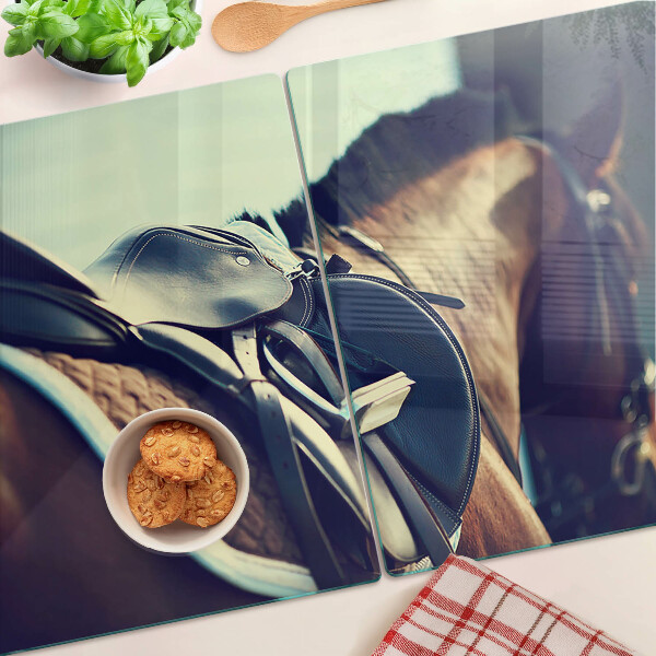 Glas-Schneidebrett mit Pferde- und Reitzubehör-Motiv