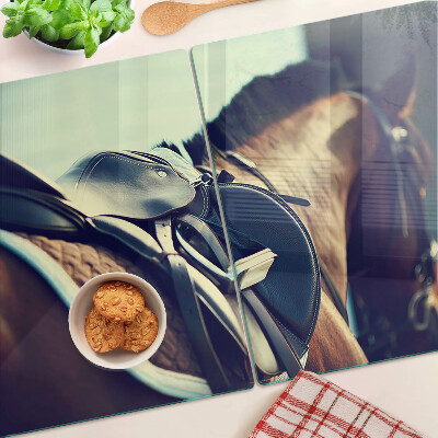 Glas-Schneidebrett mit Pferde- und Reitzubehör-Motiv