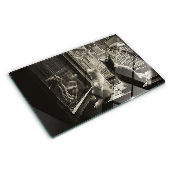 Schneidebrett Glas mit Motiv Katzen am Fenster