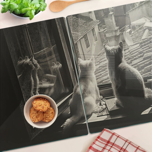 Schneidebrett Glas mit Motiv Katzen am Fenster