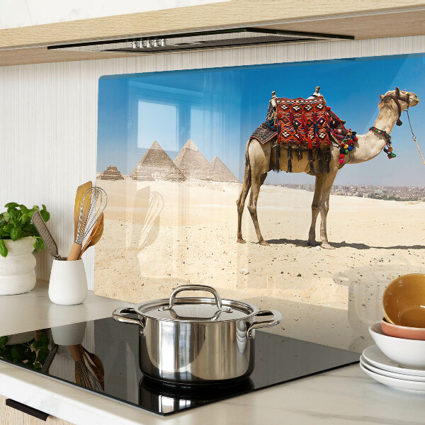 Schneidebrett Glas mit Motiv aus Pyramiden und einem Kamel in der Wüste