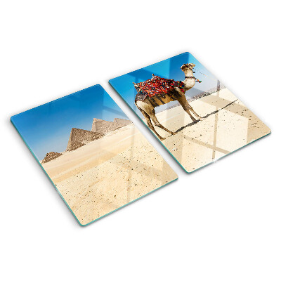 Schneidebrett Glas mit Motiv aus Pyramiden und einem Kamel in der Wüste