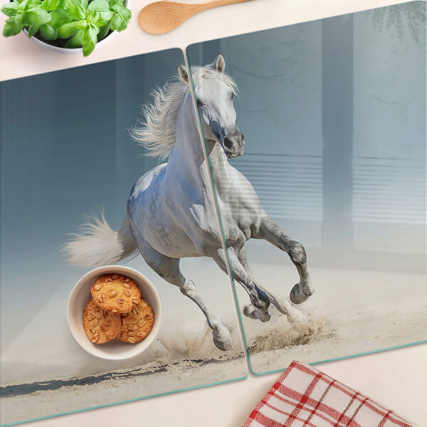 Glas Schneidebrett mit Motiv eines weißen Pferdes in Bewegung