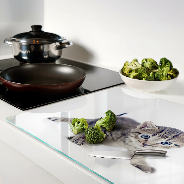 Schneidebrett Glas mit Kätzchenmotiv und blau leuchtenden Augen