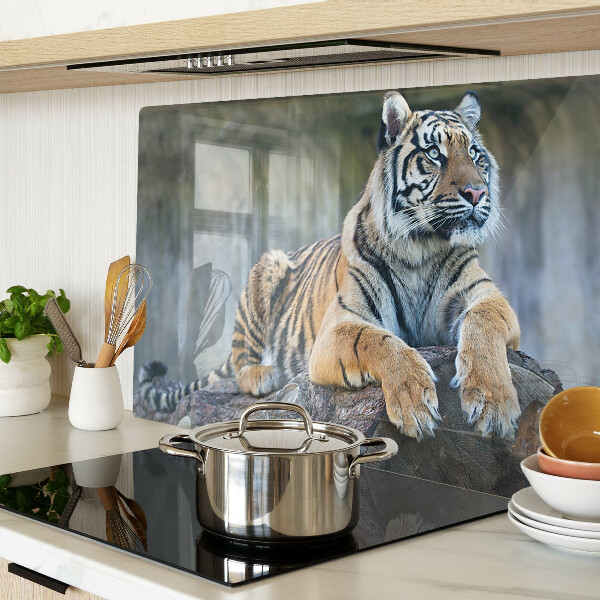 Schneidebrett Glas mit Motiv eines Tigers auf einem Baumstamm