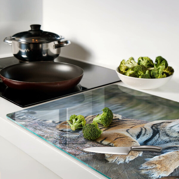 Schneidebrett Glas mit Motiv eines Tigers auf einem Baumstamm