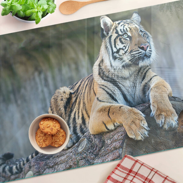 Schneidebrett Glas mit Motiv eines Tigers auf einem Baumstamm