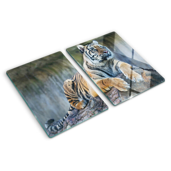 Schneidebrett Glas mit Motiv eines Tigers auf einem Baumstamm