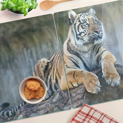 Schneidebrett Glas mit Motiv eines Tigers auf einem Baumstamm