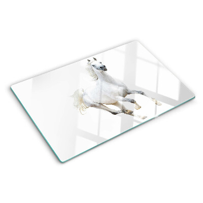 Schneidebrett mit Motiv eines weißen Pferdes in Bewegung