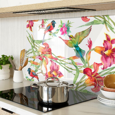 Schneidebrett Glas mit Blumen- und exotischem Vogelmotiv