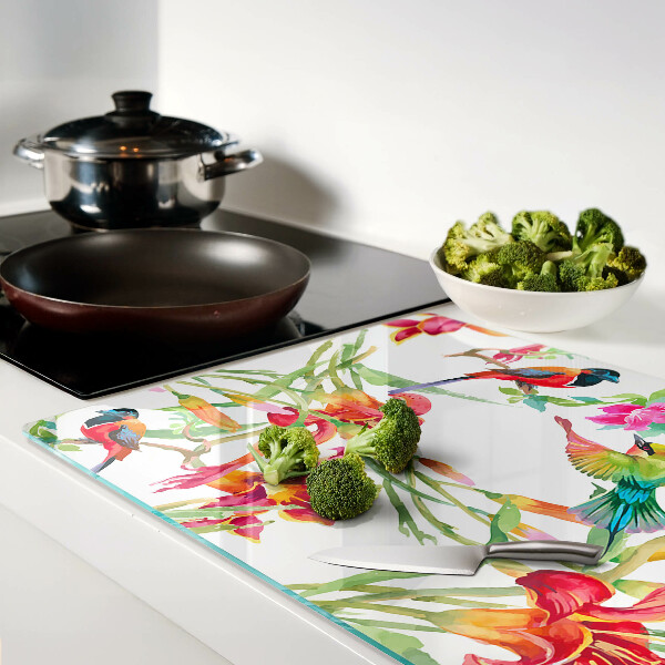 Schneidebrett Glas mit Blumen- und exotischem Vogelmotiv