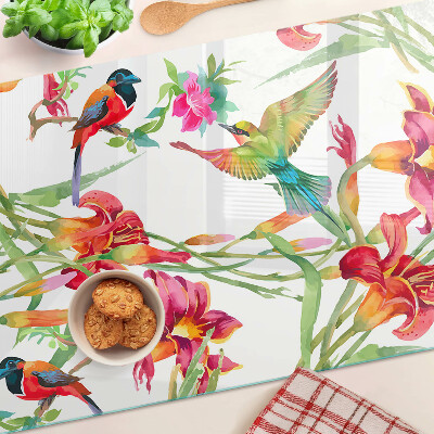 Schneidebrett Glas mit Blumen- und exotischem Vogelmotiv