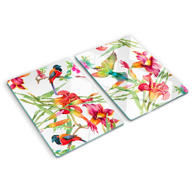 Schneidebrett Glas mit Blumen- und exotischem Vogelmotiv