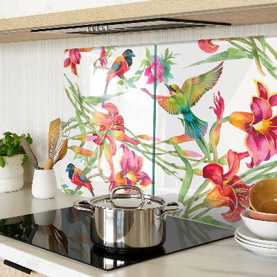 Schneidebrett glas Blumen und exotische Vögel