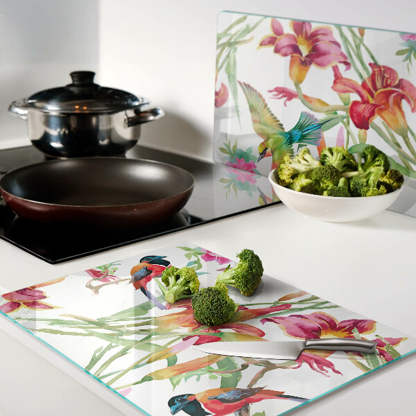 Schneidebrett glas Blumen und exotische Vögel
