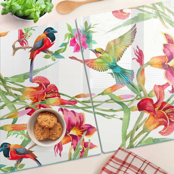 Schneidebrett Glas mit Blumen- und exotischem Vogelmotiv