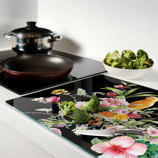 Schneidebrett mit Blumen- und Vogelmotiv