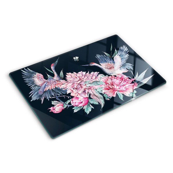 Schneidebrett Glas mit Blumen- und Vogelmotiv