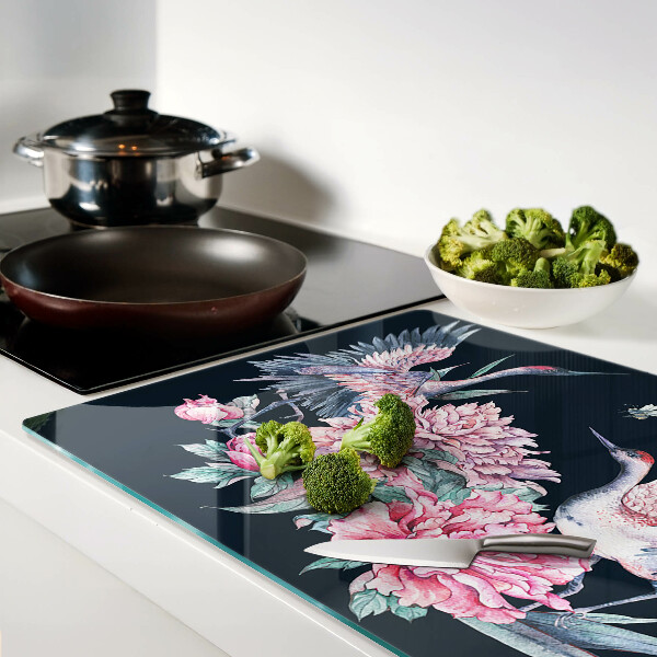 Schneidebrett Glas mit Blumen- und Vogelmotiv
