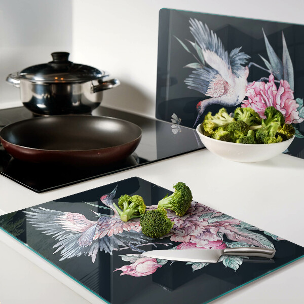 Schneidebrett Glas mit Blumen- und Vogelmotiv