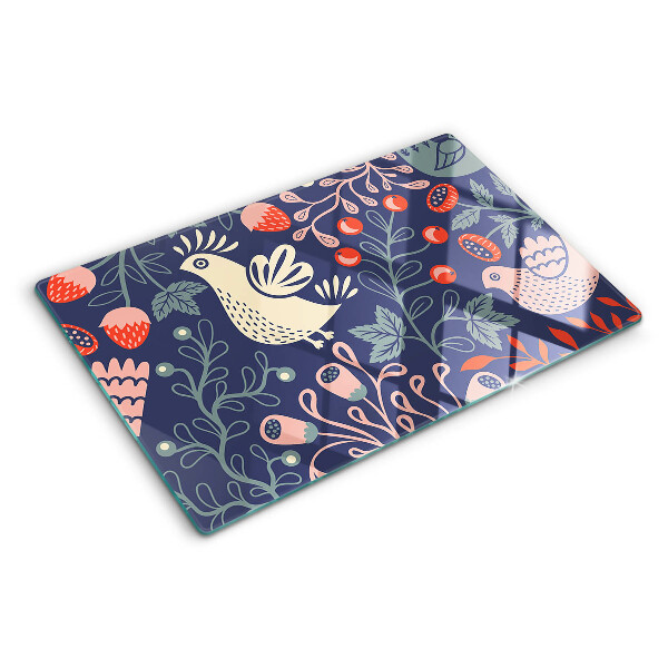 Schneidebrett Glas mit Vögeln und Früchten im volkstümlichen Stil