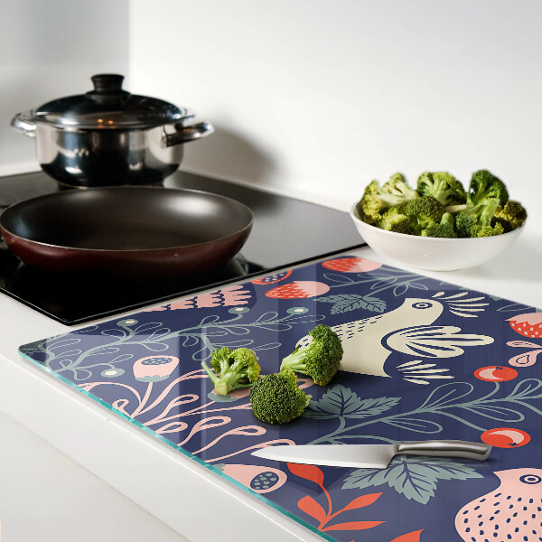 Schneidebrett Glas mit Vögeln und Früchten im volkstümlichen Stil