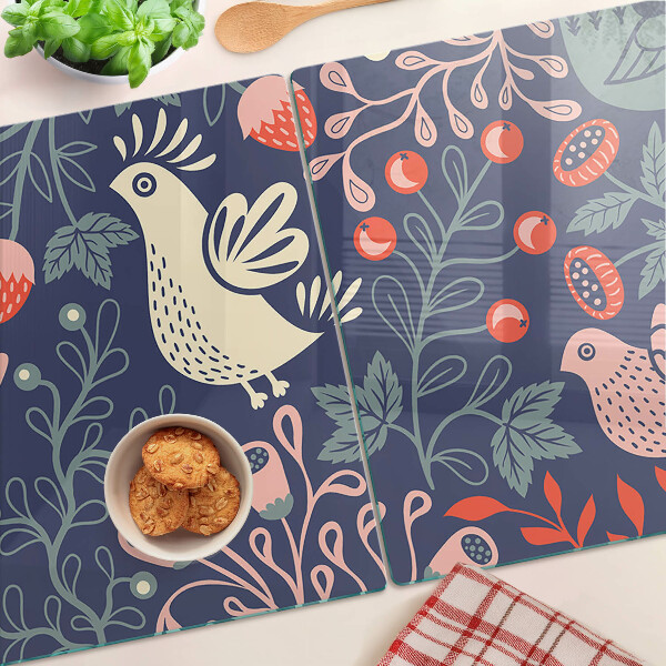 Schneidebrett Glas mit Vögeln und Früchten im volkstümlichen Stil