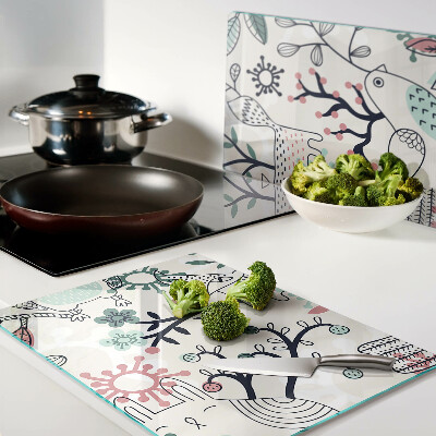 Schneidebrett Glas mit Waldfauna- und -flora-Motiv