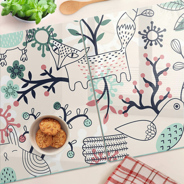 Schneidebrett Glas mit Waldfauna- und -flora-Motiv