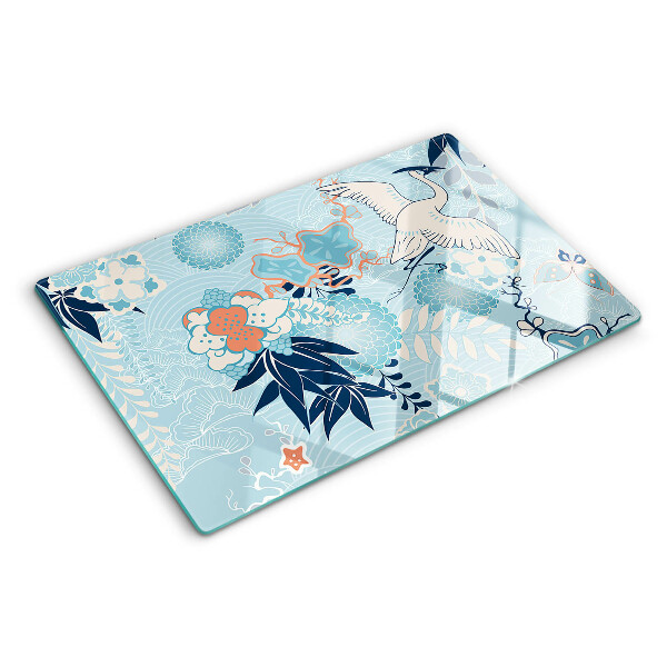 Glas-Schneidebrett mit Blumen- und Vogelmotiv im orientalischen Stil