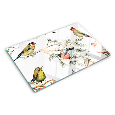 Schneidebrett Glas mit Motiv von Vögeln auf fruchttragenden Zweigen