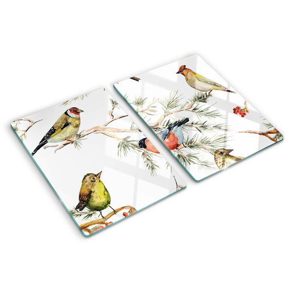 Schneidebrett Glas mit Motiv von Vögeln auf fruchttragenden Zweigen
