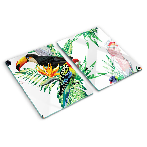 Schneidebrett mit Motiv tropischer Vögel und Blätter