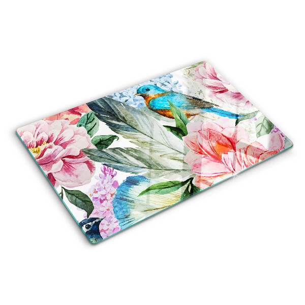Glas-Schneidebrett mit Aquarell-Motiv aus Blumen und Vögeln