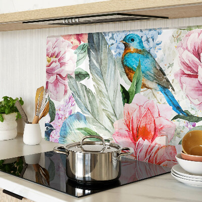 Glas-Schneidebrett mit Aquarell-Motiv aus Blumen und Vögeln